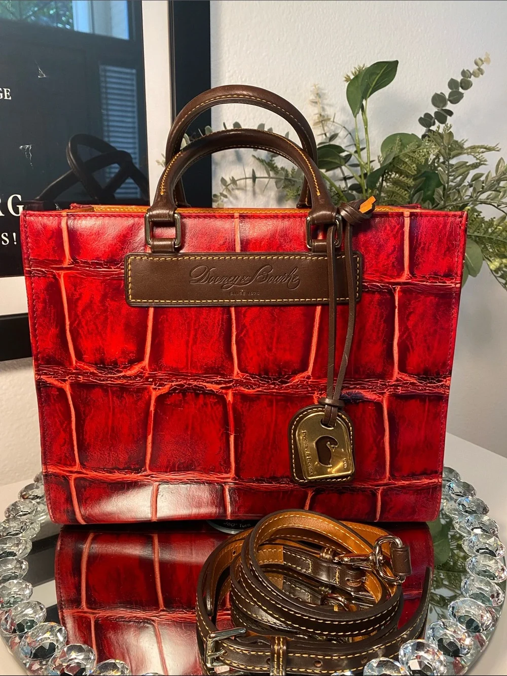 Dooney & Bourke Red Croc-Embossed Leather Satchel with Brown Trim